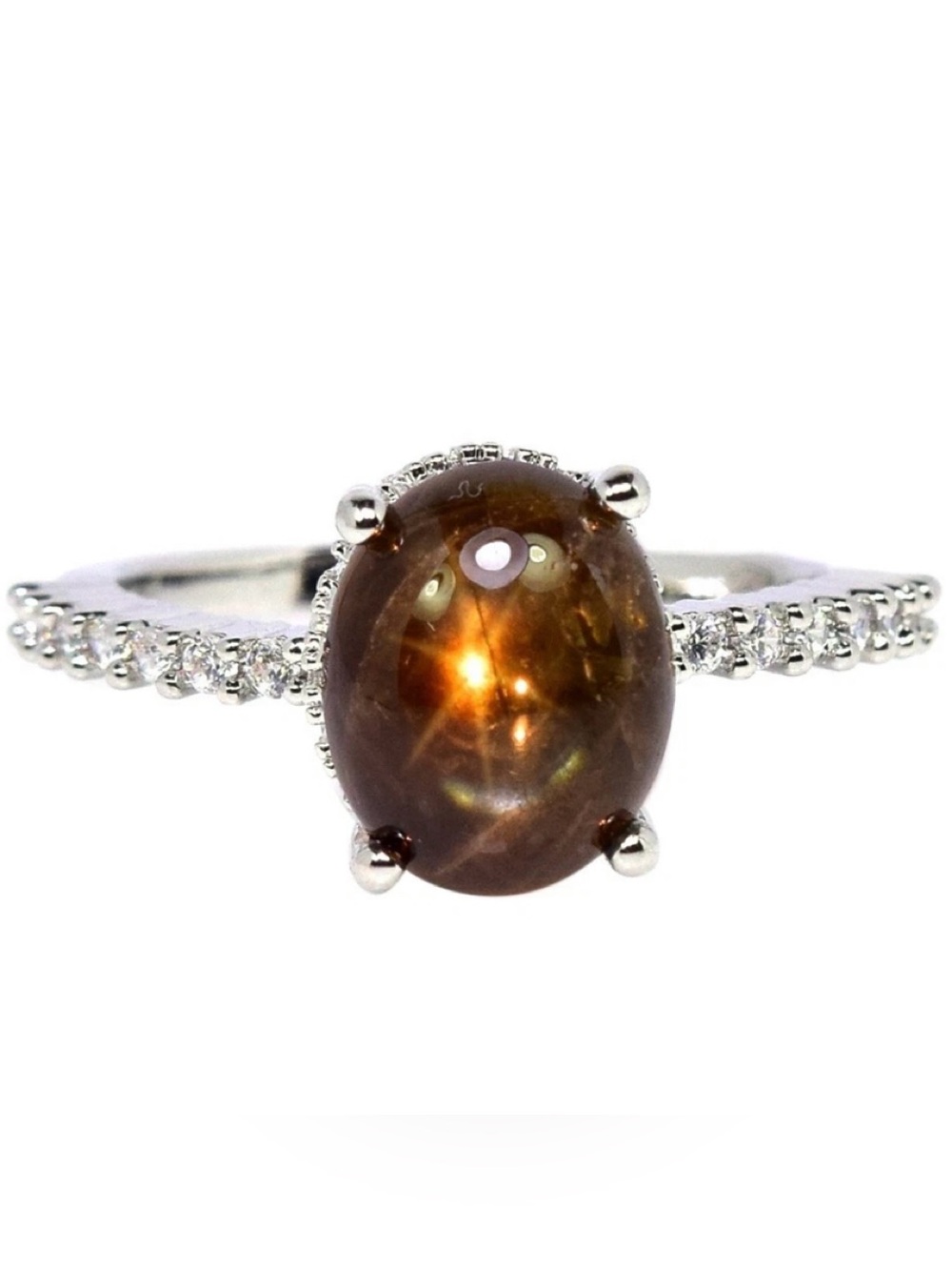 Natural 6 Ray Black Star Sapphire under halo Zircon 925 Sterling Silver Ring 7